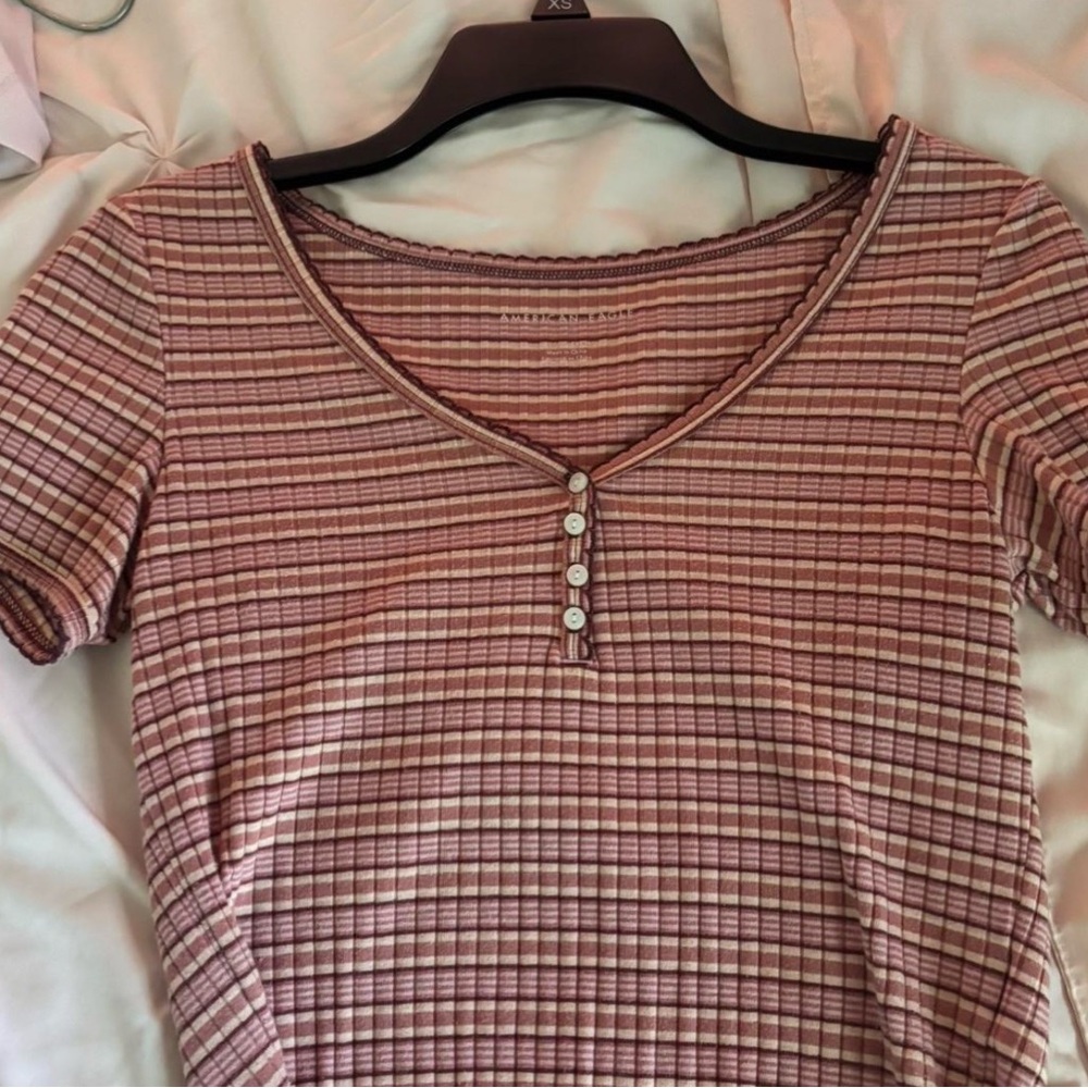 American Eagle Outfitters Pink Striped Buttoned Tee